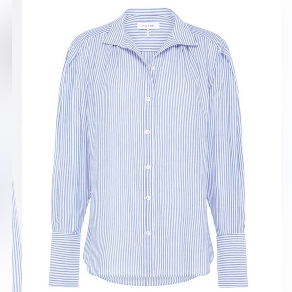 Frame Denim Pleated Clean Collar Blouse Navy Multi Blue White Stripe size Large - Picture 4 of 16